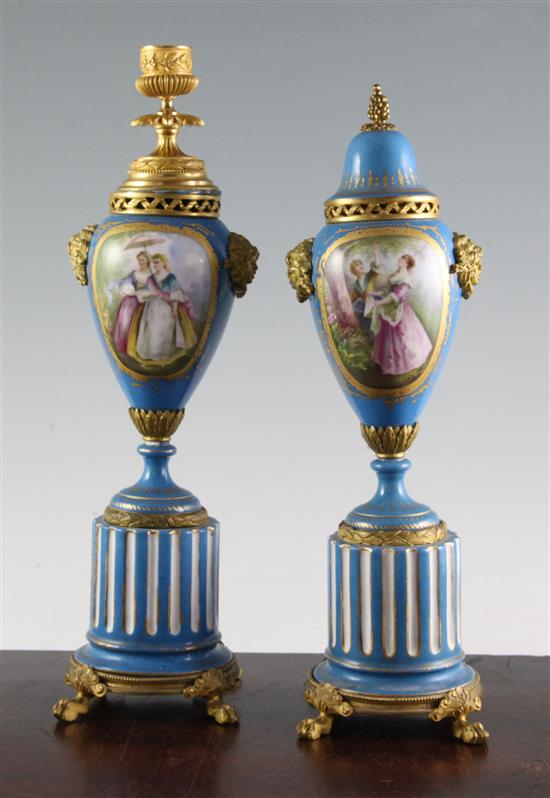 A pair of Sevres style porcelain and ormolu mounted cassolettes, second half 19th century, maximum height 34cm